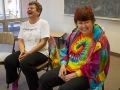 Jana Martin, left, and Loti Gest, certified Laughter Yoga Leaders, share a moment together before class begins at Laughter Yoga in Tucson, Arizona on Tuesday, Feb. 17, 2015. Martin and Gest have never missed teaching a Tuesday class. Photographed by Noelle Haro-Gomez