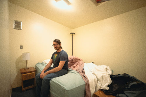 Inside the telescope building, there’s a room for astronomers like Carson Fuls to sleep in on their three-day stints. “It’s kind of weird when you wake up and the first thing you see is your desk,” says Fuls.