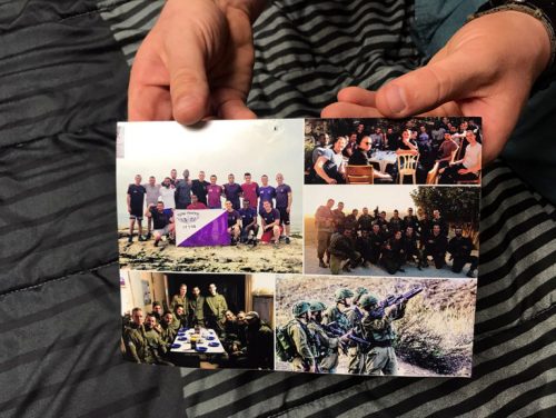 Former IDF soldier Yoni Wulf’s photos of his fellow soldiers that he keeps on the wall of his dorm room. He still keeps in touch with his friends via social media. 