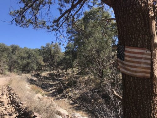 Along a dirt road through Harshaw, an American Flag is pinned on a tree. These roads are heavily trafficked by Sonoita Station Border Patrol agents. (Photo by Clara Migoya/El Inde).